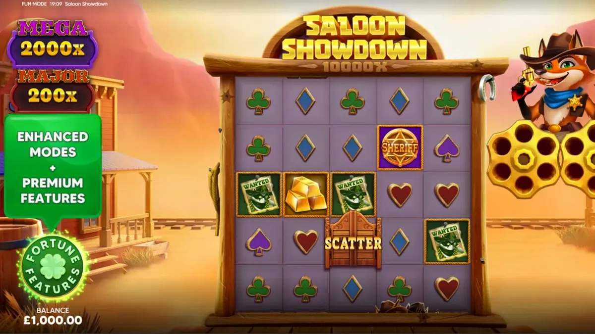 Tampilan visual slot Saloon Showdown 10,000x dengan karakter sheriff rubah dan latar belakang kota Wild West.